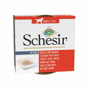 Schesir Kip Met Rund (Jelly) Natvoer Hond (Blikjes) 1 Tray (10 X 150 G)