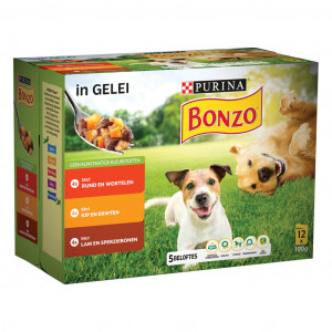 Purina Bonzo Met Rund, Kip, Lam In Gelei Maaltijdzakjes Natvoer Hond 8 Dozen ( )