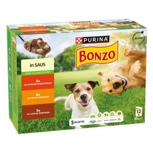 Purina Bonzo Met Rund, Kip, Lam In Saus Maaltijdzakjes Natvoer Hond 8 Dozen ( )